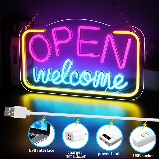 OPEN Welcome LED Silicone LED shop signs – 16×9 Inch (41×23 cm) Horizontal Style | USB Powered Pink, Blue & Yellow Glow Light for Cafes, Restaurants & Retail Shops