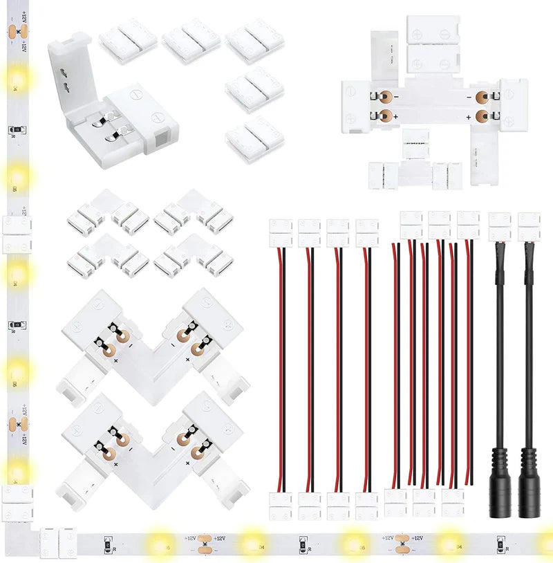 LightingWill 8mm 2Pin LED Strip Connector Transparent Solderless Clips, Crystal LED Light Strip Connector Strip to Wire Strip to Strip L Shape DC Adapter for 3528 2835 LED Strip, Local Stock US UK