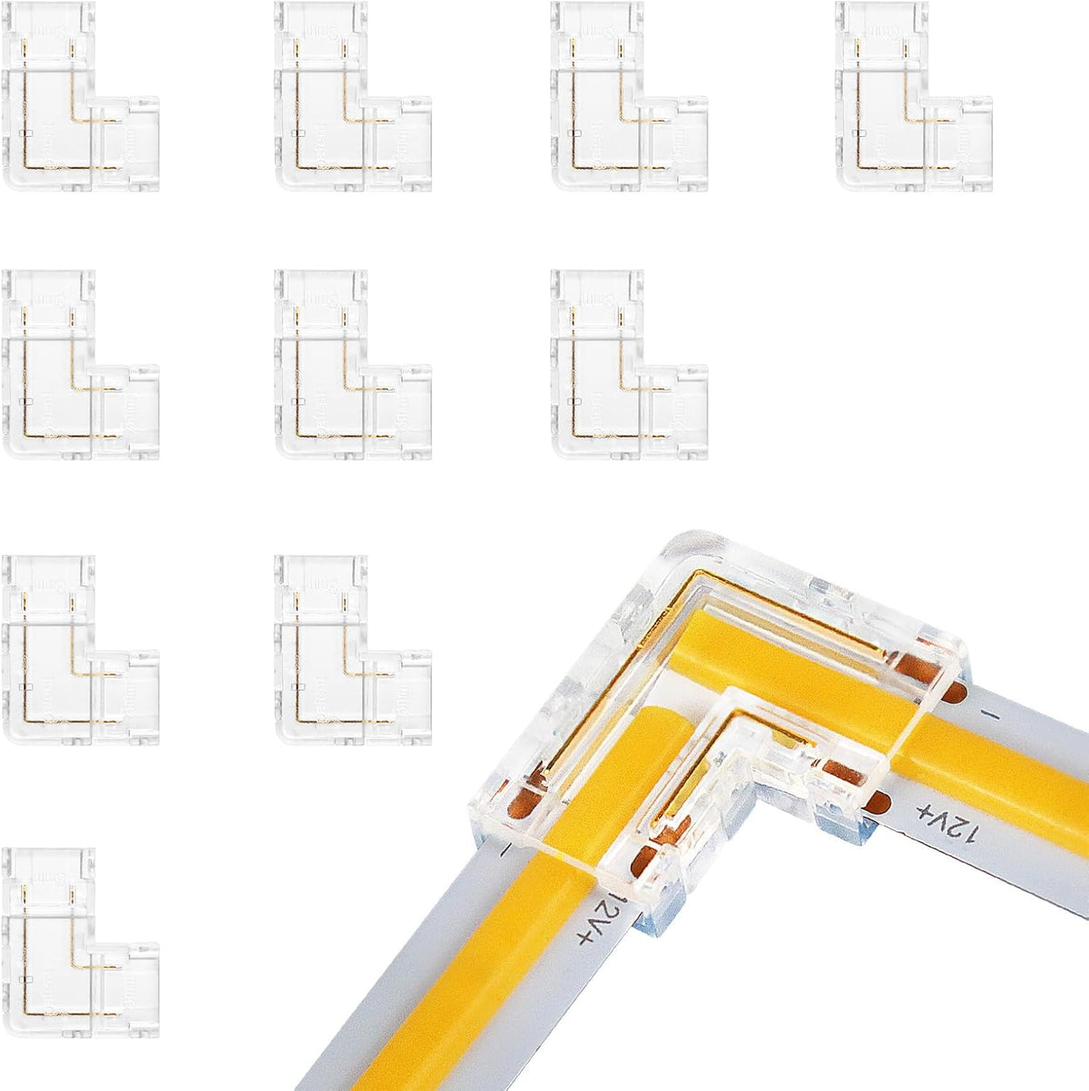 LightingWill LED Connectors 2Pin 8mm, 10 PCS L Shape Connector Transparent Solderless, Right Angle Corner Tape Light Connector, No Dark Area for COB/SMD 2835 3528 Single Color LED Strips