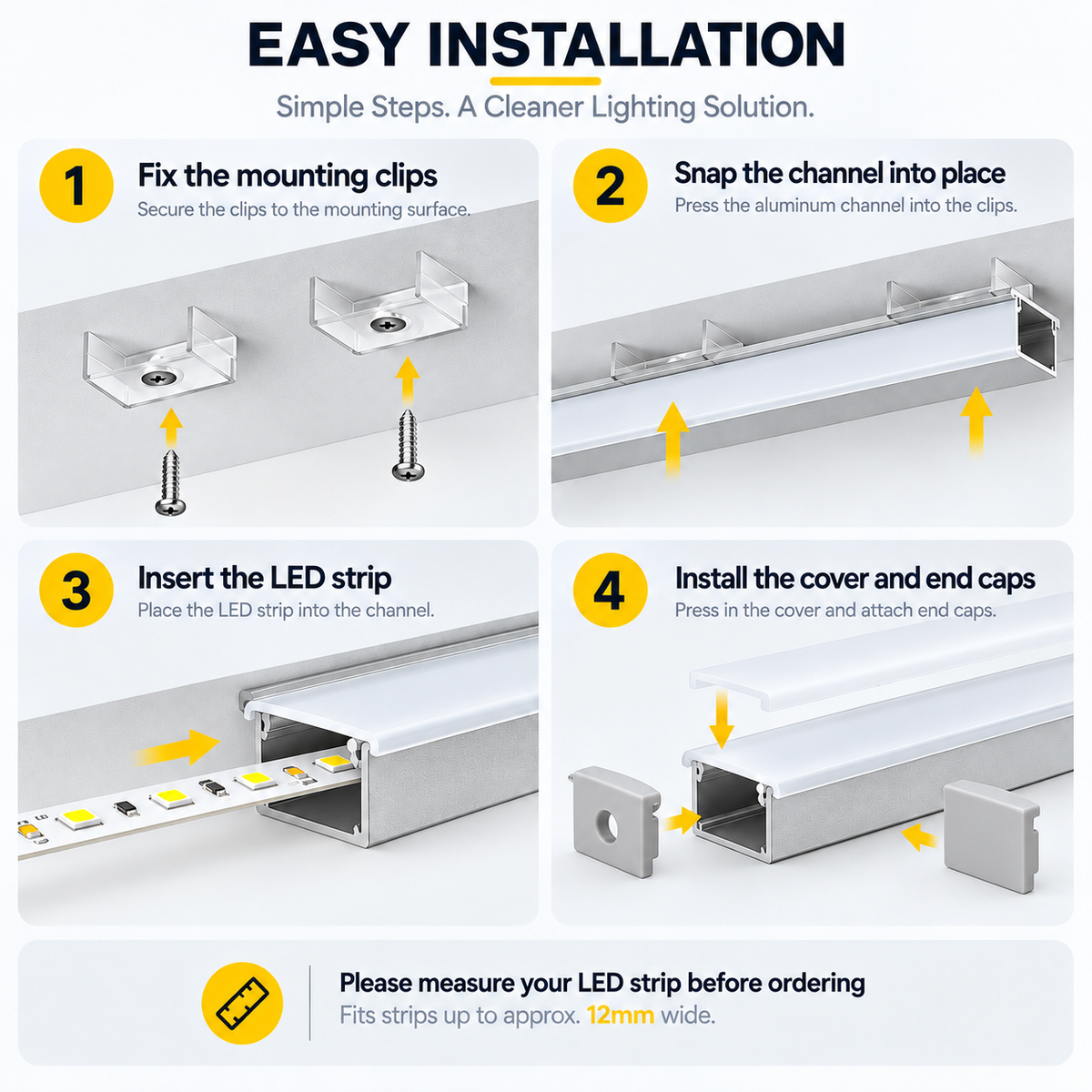 Silbernes U01 9 x 23 mm U-förmiges Innenprofil, Breite 12 mm, LED-Aluminium-Kanalsystem mit Abdeckung, Endkappen und Befestigungsclips für die Installation von LED-Lichtstreifen