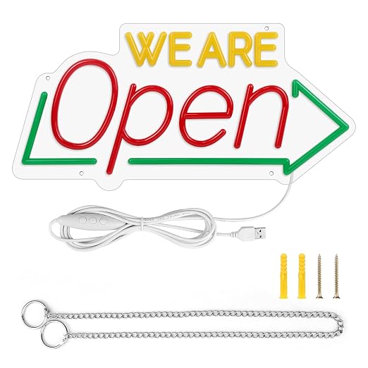 WE ARE OPEN Integrated LED shop signs – USB Powered | 16.1×7.8 inch | Arrow Shape LED Window Sign |  Yellow + Red + Green Glow for Cafes, Restaurants & Retail Shops
