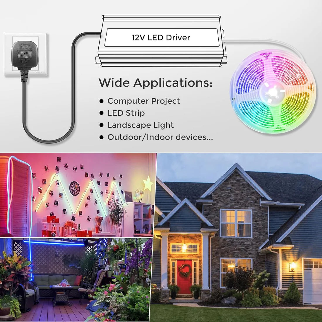 30W 12V/24V Waterproof LED Power Supply, 90-265V Input, Single Output, Aluminum Housing, Outdoor LED Lighting Driver, CE/RoHS/FCC Certified, US/UK/EU Plug
