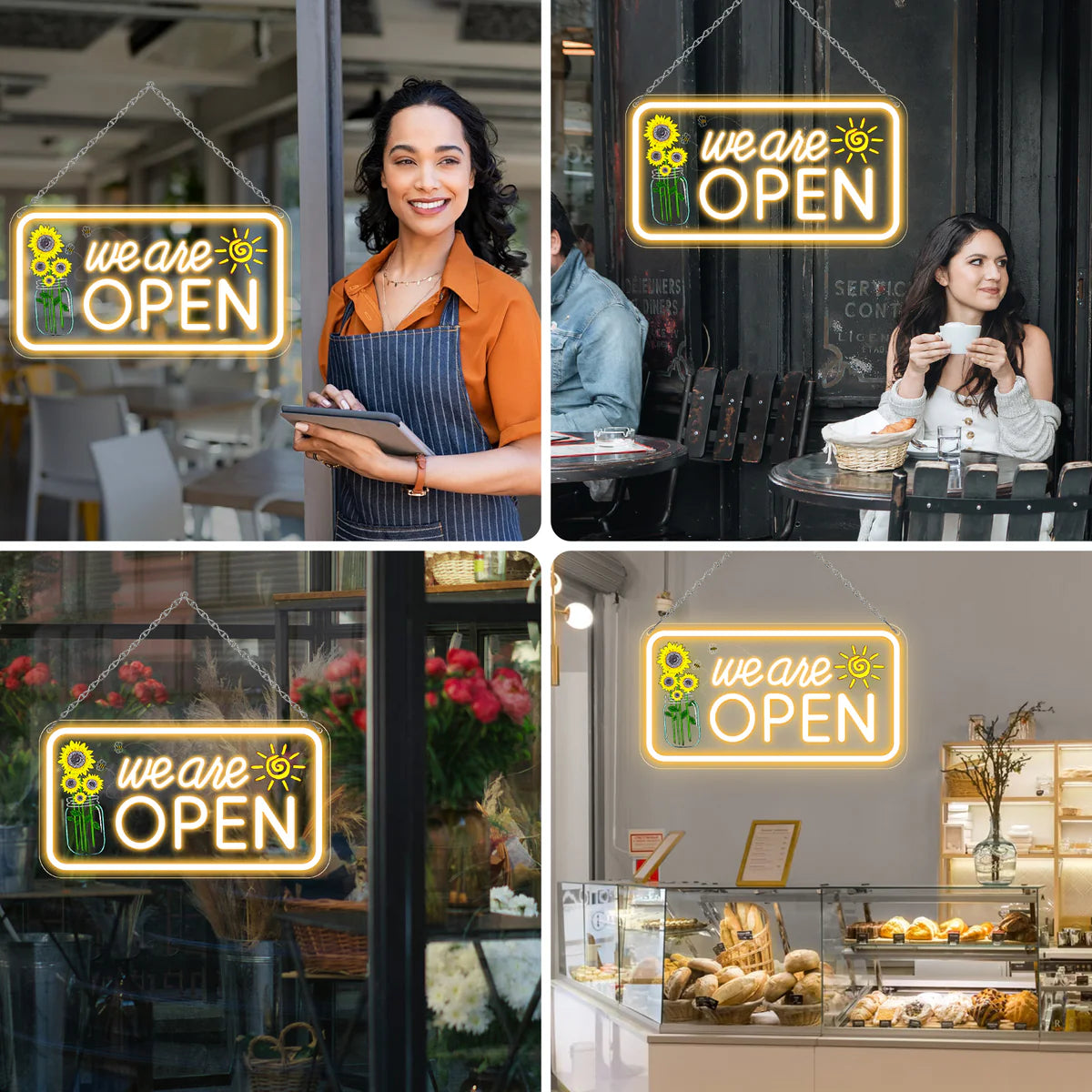 We Are Open Neon Sign with Sunflower Decor – USB Version | Warm White / Yellow & White | 17×9” / 24×13” | DC 5V LED Window Light for Business Decor