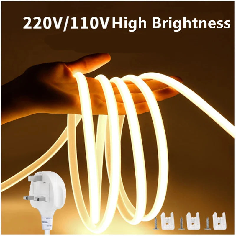 LightingWill AC110V/220V COB Flexible LED Strip Light 3000K/6500K, IP65 Waterproof High Brightness Spotless LED Tape with Inline Power Switch, for Cabinets, Kitchen and Office Lighting, US/EU Plug, 5/50M