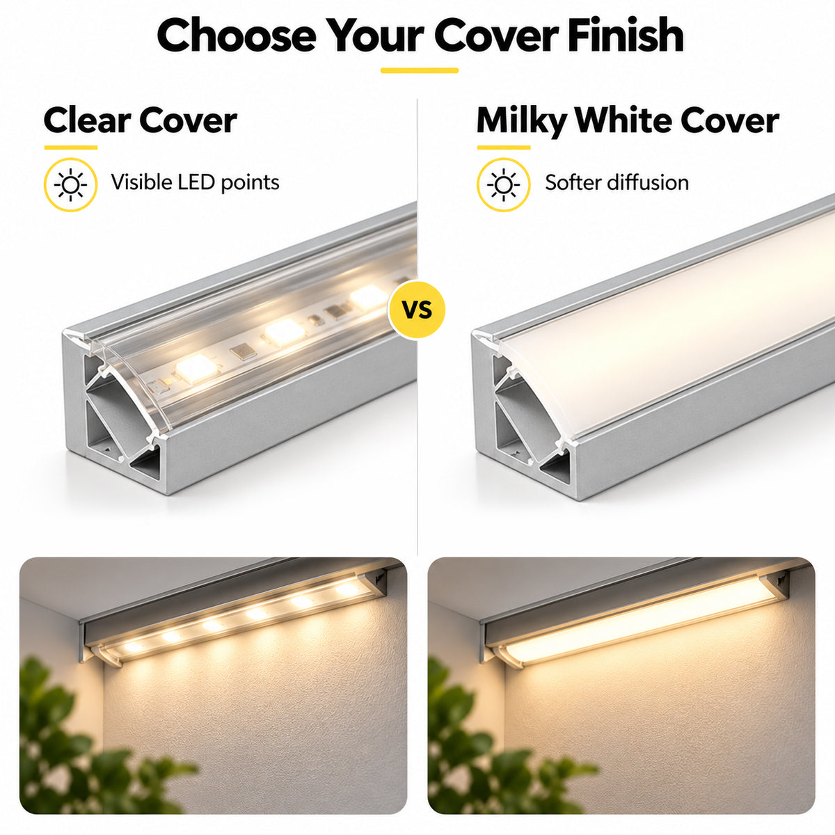 Silver V03 18x18mm V-Shape Corner-Mount LED Aluminum Channel, 12mm Inner Width, with Cover, End Caps & Mounting Clips