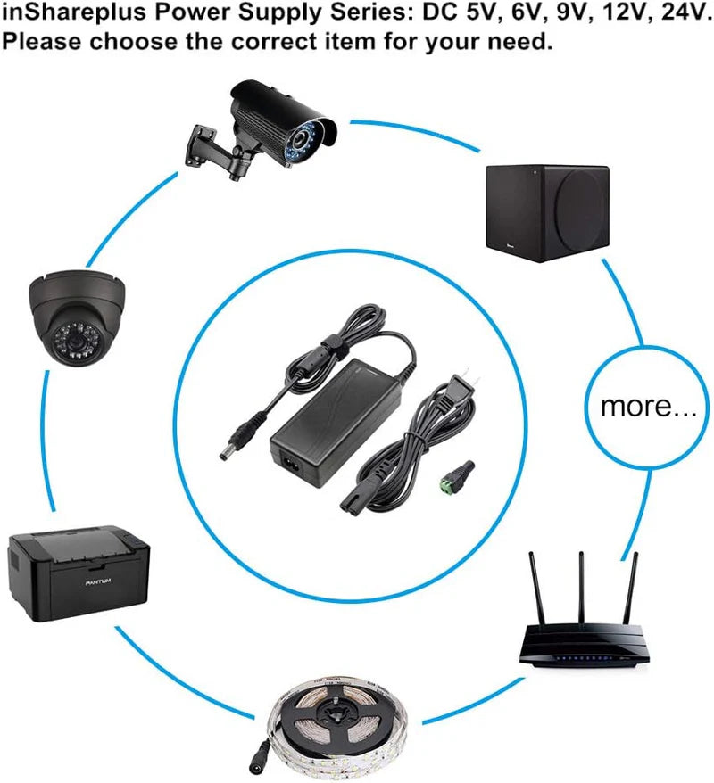 Desktop Power Supply Adapter DC 6V 30W–60W, AC 100–240V Input Switching Transformer with US Plug for Electronics, Router, Toys, DIY Projects