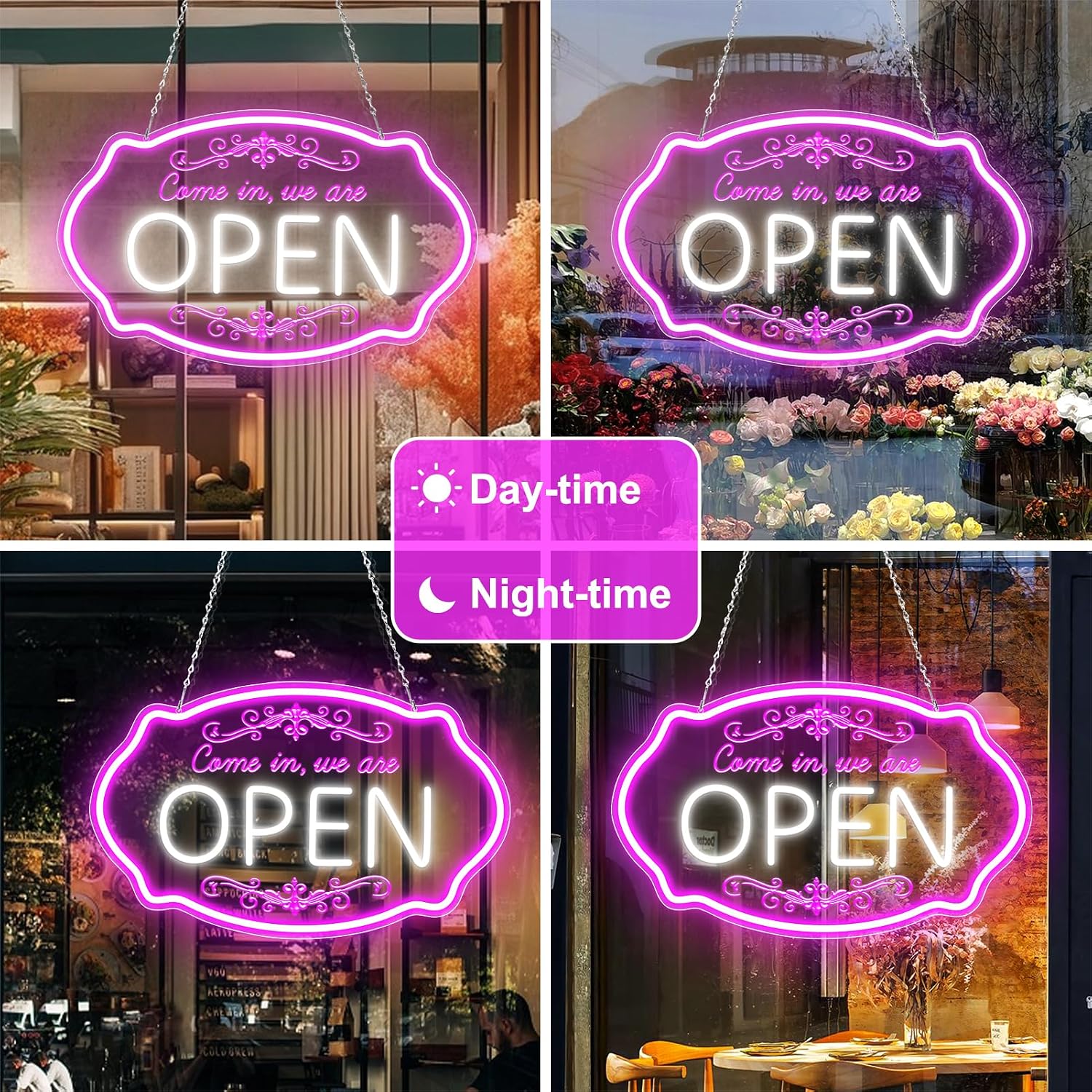 Come in We’re Open Silicone LED shop signs – Pink + White Glow | 16.5 × 10 inch | Window Hanging Business Sign | Plug & Play for Store Entrances, Retail Shops & Business Locations
