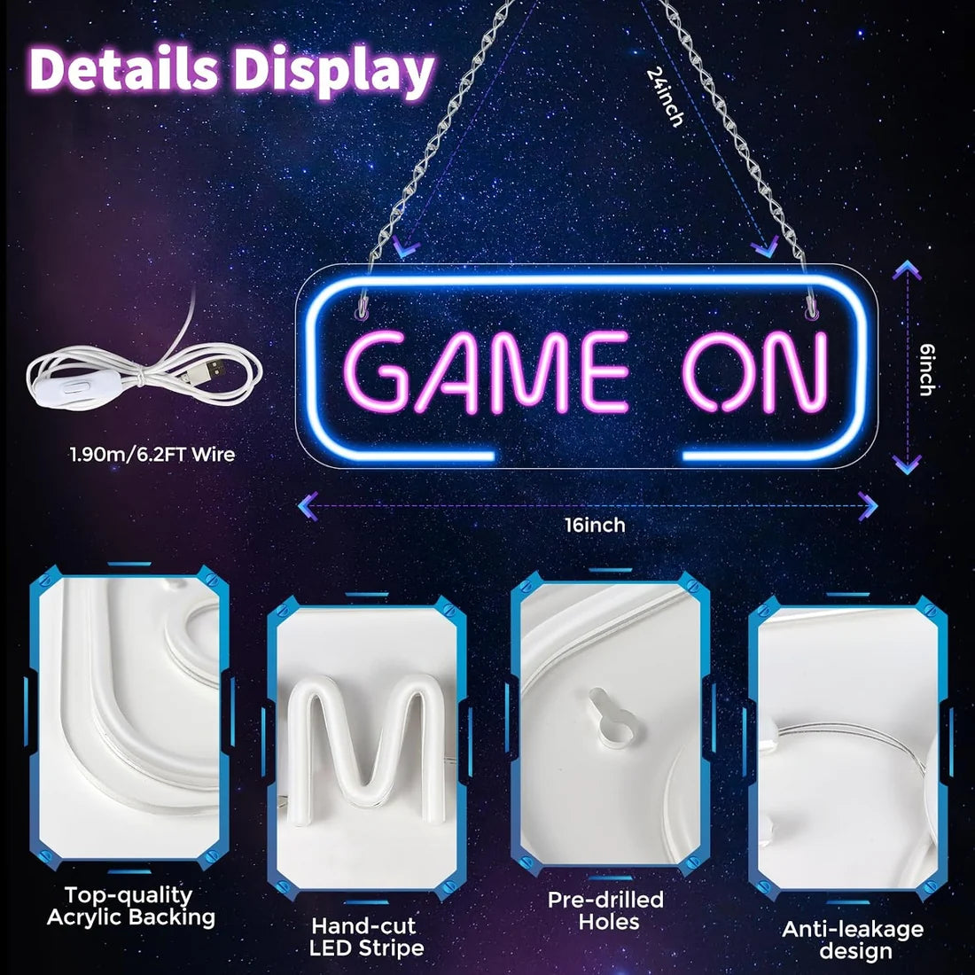 LED Neon Signs – GAME ON Silicone Neon Sign – 15.7×5.6 Inch | 5V USB Powered Dimmable Blue & Pink Glow LED Wall Light | Neon Lamp with Accessories Included | Hanging Gaming Decor for Gaming Room, Bedroom, Setup & Party Spaces