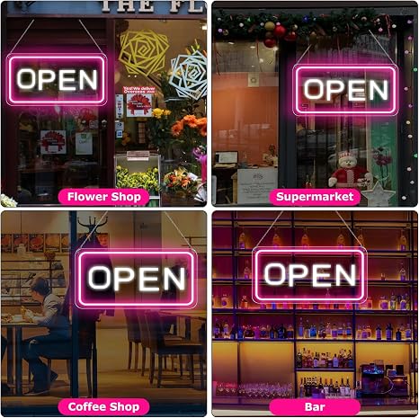 OPEN COB LED shop signs – Pink + White Glow | 22.8 × 11.8 inch (58 × 30 cm) | Horizontal / Vertical Style | 12V Powered Dimmable Window Hanging Light with US Plug for Cafes, Restaurants &amp; Retail Shops