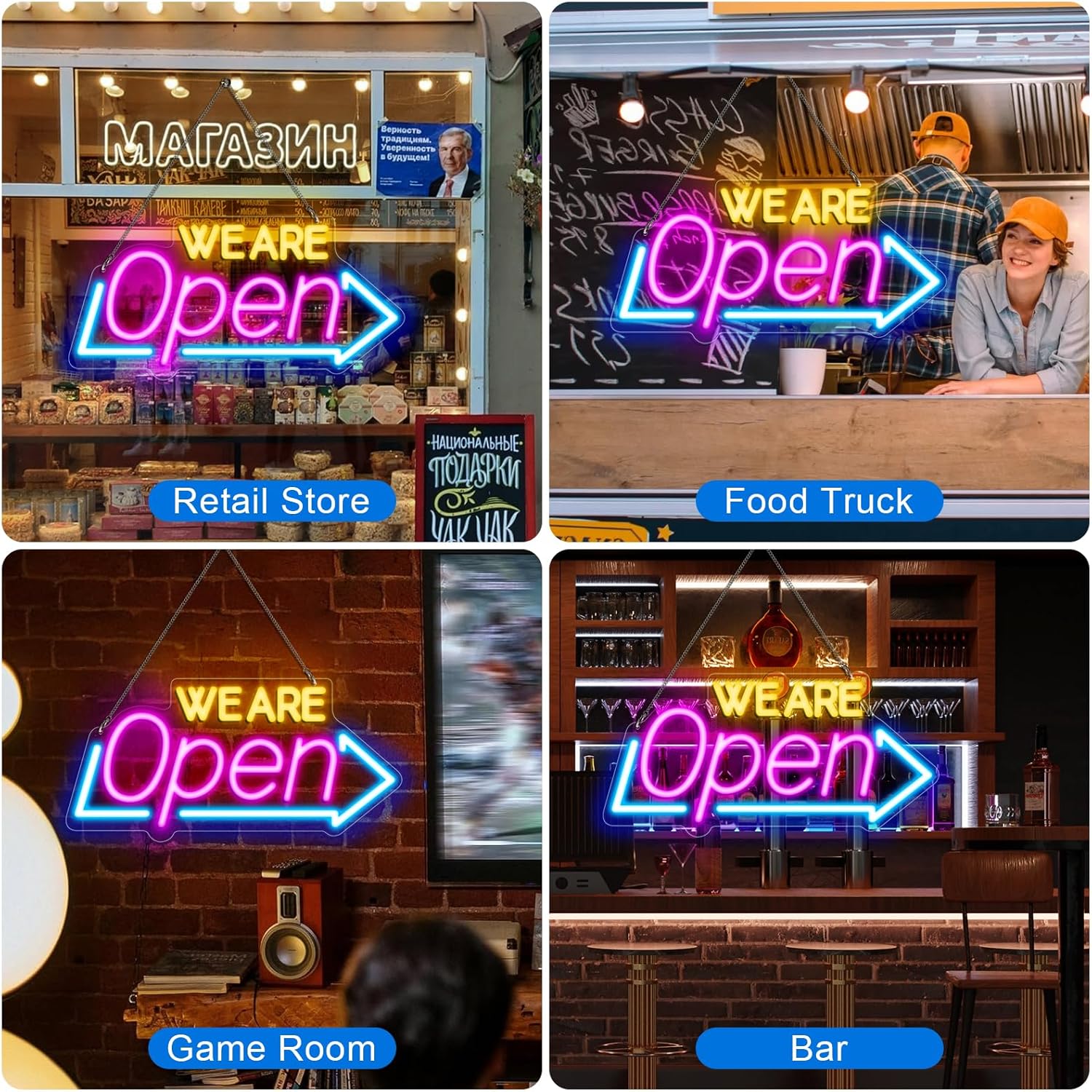 16.1"X 7.8" LED Neon WE ARE Open Sign, Dimmable Open Signs for Business, Bright Blue&Pink&Yellow Neon Open Sign Powered by USB, LED Sign for Coffee Shop Bar Salon Restaurant Pubs