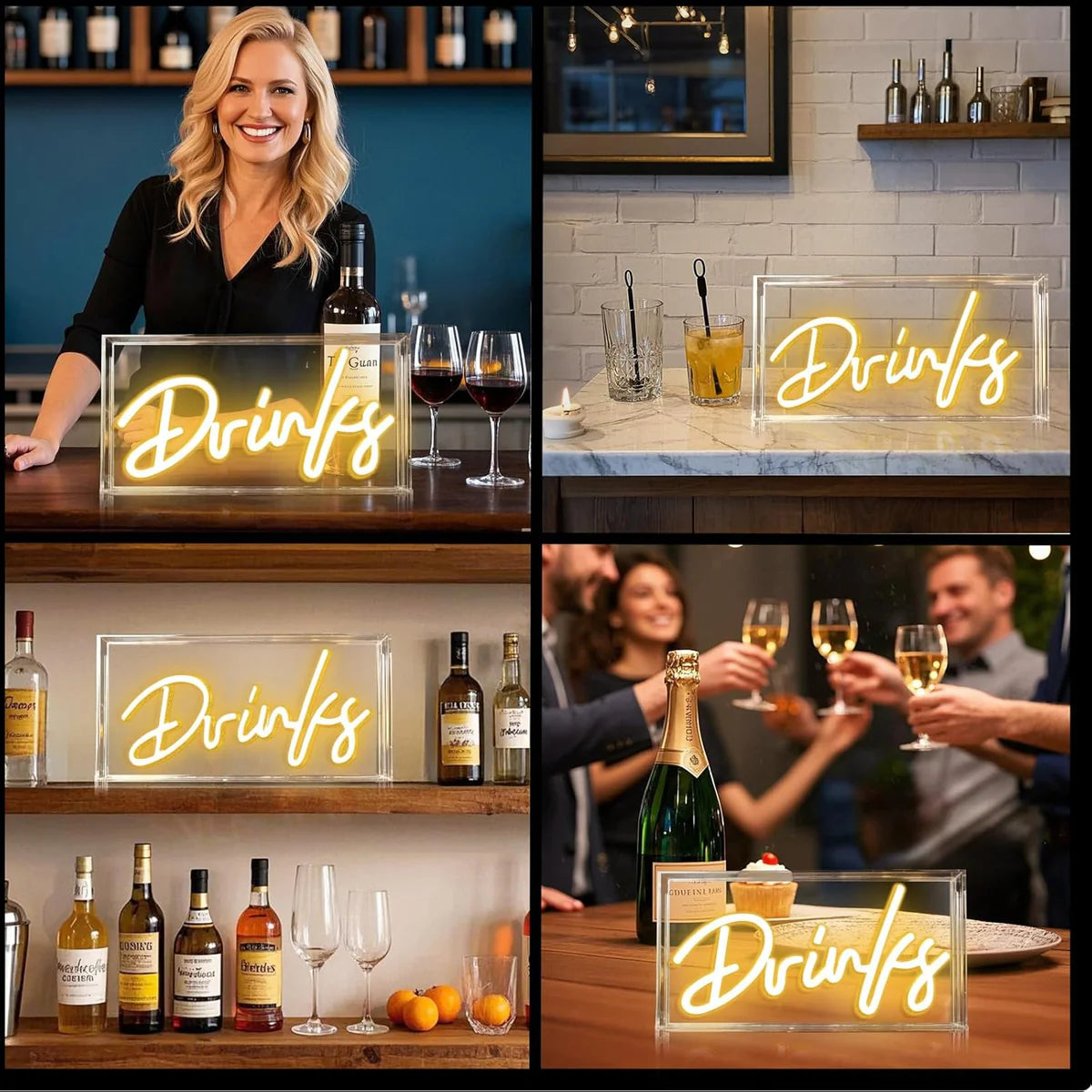 DRINKS Desk Lightbox Sign – Warm White/ Pink | Rectangular 12x6 inch | USB Powered | Tabletop Display | For Table Decor, Home Bar, Kitchen, Club, Pub, Restaurant Wall Decor & Bar Cart Accessories