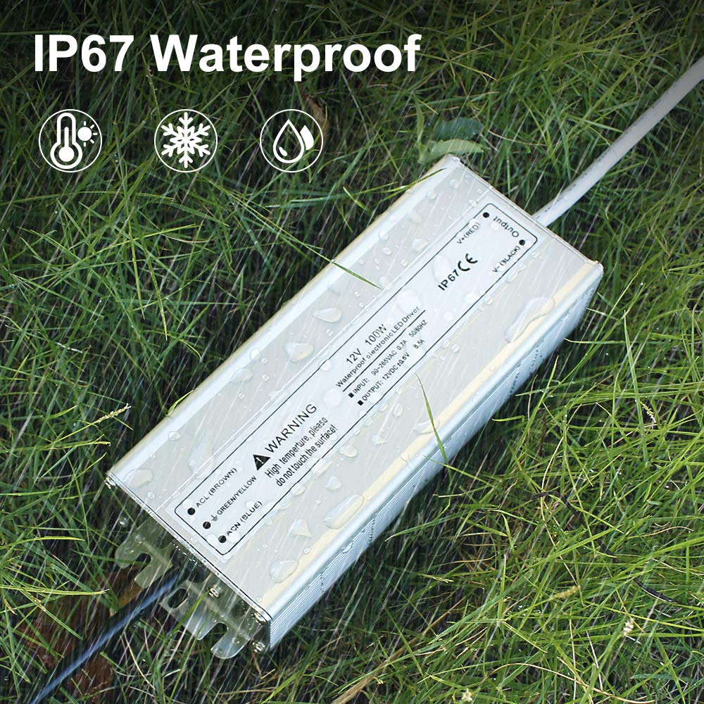 LightingWill LED Driver 100 Watts Waterproof IP67 Power Supply Transformer, 90-265V AC to 12V DC Low Voltage Output, Adapter with 3-Prong Plug 3.3 Feet Cable for Outdoor Use, Computer Project