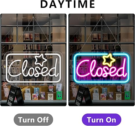 Closed Silicone LED shop signs – Ice Blue & Pink Glow + Yellow Star | 16.5 × 9 inch | Window Hanging | Plug & Play for Store Entrances, Retail Shops & Business Locations
