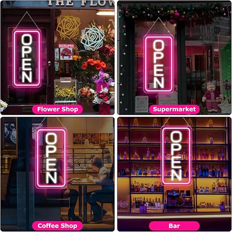 OPEN COB LED shop signs – Pink + White Glow | 22.8 × 11.8 inch (58 × 30 cm) | Horizontal / Vertical Style | 12V Powered Dimmable Window Hanging Light with US Plug for Cafes, Restaurants &amp; Retail Shops