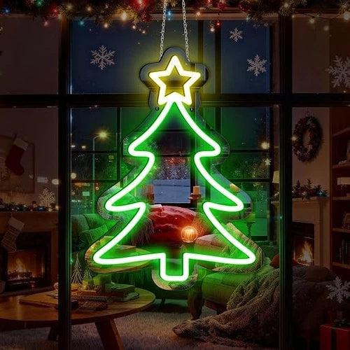LED Neon Signs – Christmas Tree Silicone Neon Sign – 16×12 Inch | 5V USB Powered Dimmable Green & Yellow Glow LED Wall Light | Neon Lamp with Accessories Included | Hanging Holiday Decor for Christmas Party, Bedroom & Home Spaces