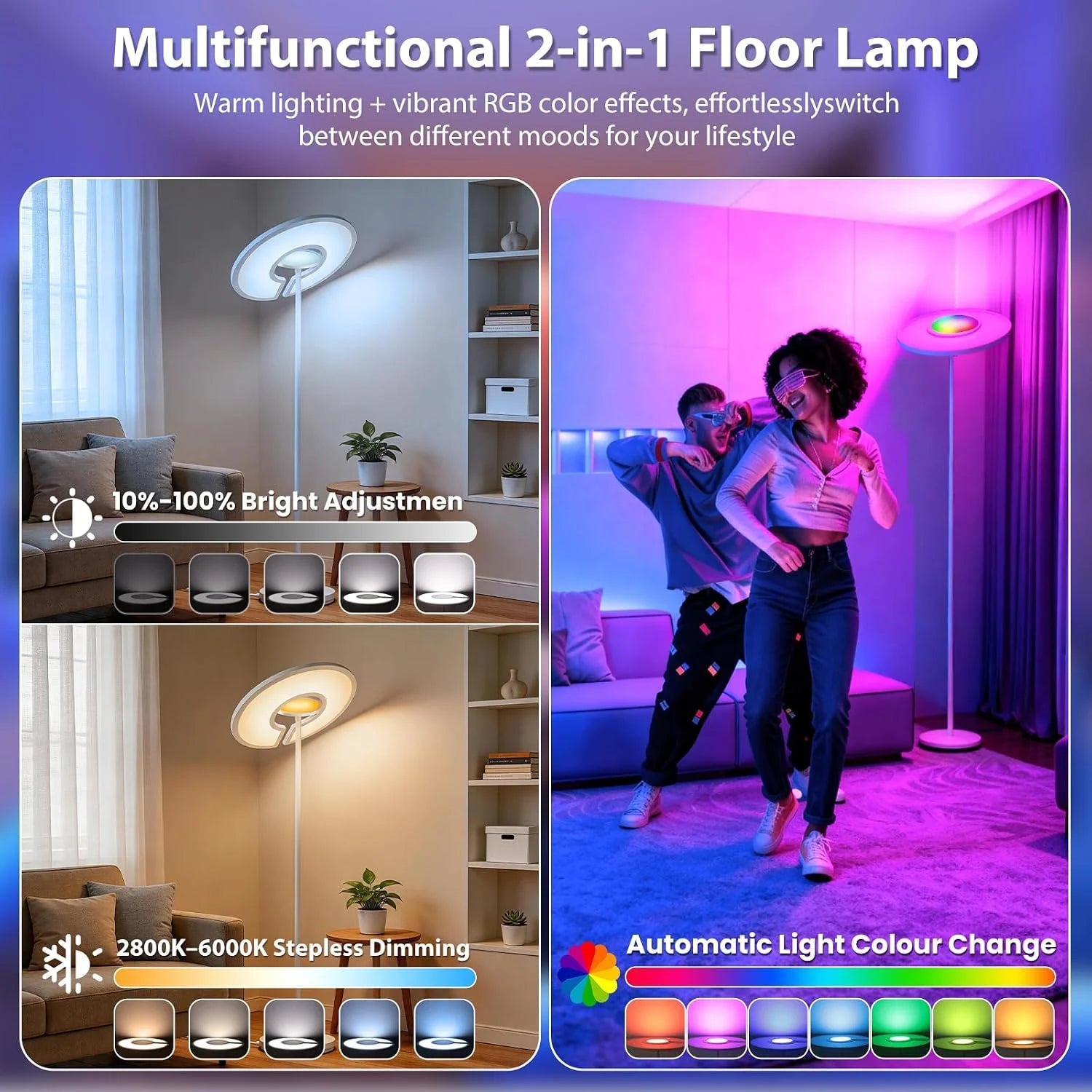 RGB Floor Lamp | LED Standing Lamp with RGB Ambient Light | Ambient Floor Lamp with 2800-6000K Adjustable Light | Remote Control | 2M Tall for Living Room Bedroom Office | UK Stock