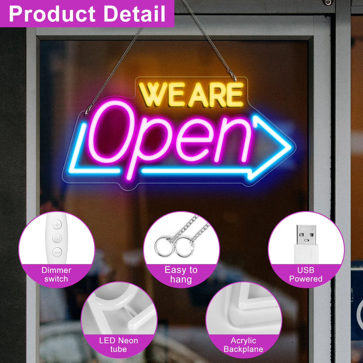 WE ARE OPEN Neon Sign – Arrow Shape LED Window Sign | USB Powered | 16×8 inch (41×20 cm) | 3 Color Combos for Storefront Display