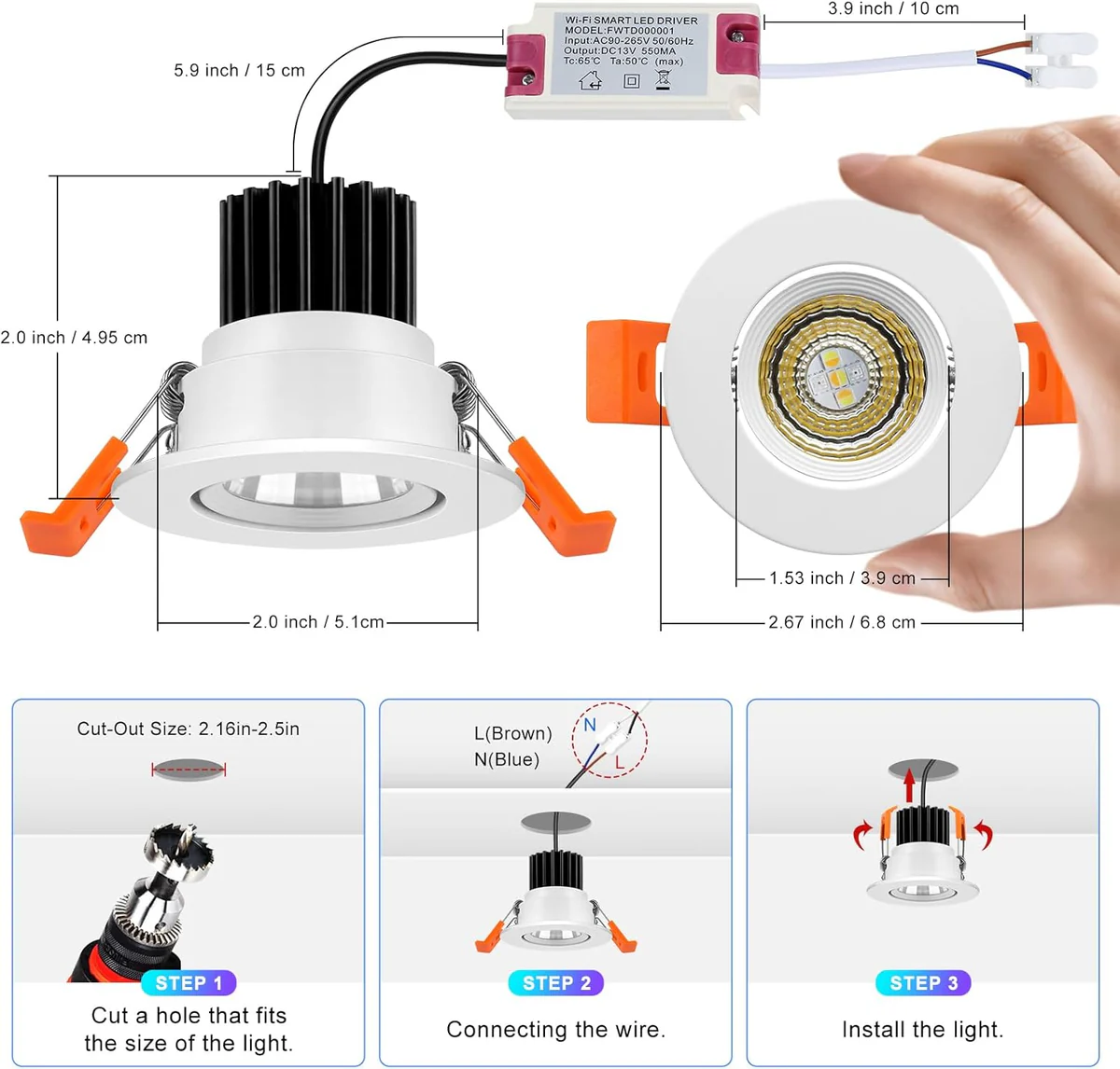 Smart RGB Downlight – COB WiFi Recessed Lighting, 2 Inch 5W, Dimmable RGB + CCT 2700–6500K, Works with Alexa & Google, 100–240V, White Housing, 4 / 6 / 10 / 12 Pack Options