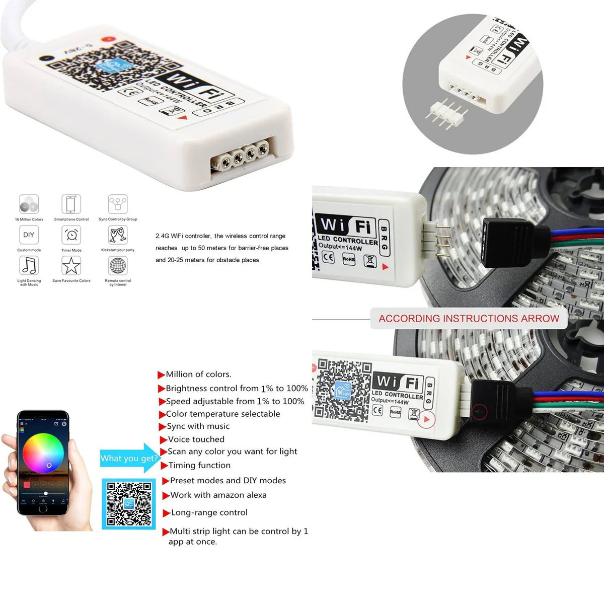 LightingWill Smart WIFI SMD5050 150LEDs RGB LED Strip Light Kit - DC12V | 30 LEDs/M | 10mm PCB | IP00 / IP65 | 5M /10M | RGB Color Changing LED Strip Lights with Alexa, Google Assistant | App Control & 24 Keys Controller + Power Supply | 5/10M