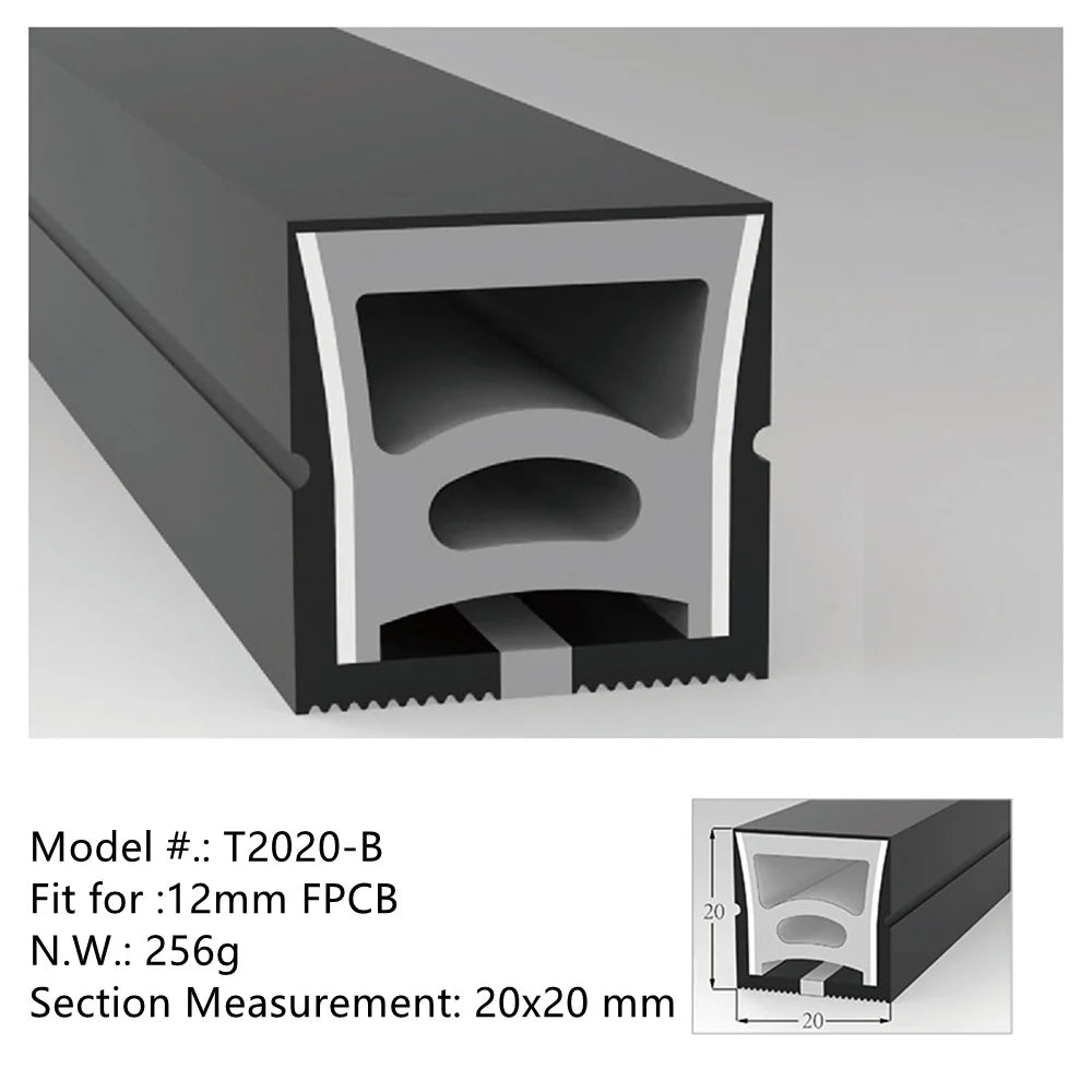 S2020 Black Neon Light Housing – 20x20mm | Silicone LED Channel System | 12mm PCB Width | IP67 Waterproof | 16.4FT/5M*1/16.4FT/5M*5 | Local Stock US/UK/DE