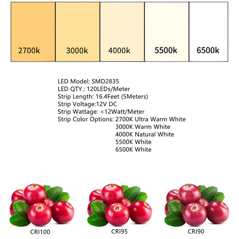 LightingWill DC12V SMD2835 Full Spectrum LED Strip Light 120LEDs/m 600 LEDs 16W/m, CRI 97+ High Density LED Tape 2700K–6500K, 8mm PCB IP00/IP67 for Kitchen Cabinet, Mirror, Bedroom, 5/50M