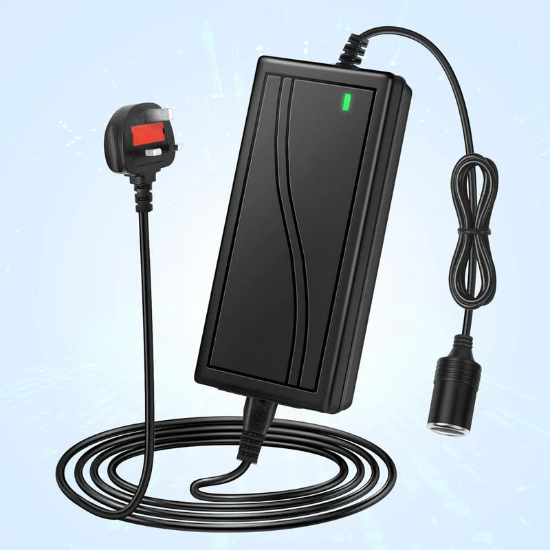 Cigarette Lighter Desktop Power Supply Adapter DC 12V 60W–120W, AC 100–240V Input Converter Transformer with US/UK Plug for Car Accessories, Air Pump, Cooler, Electronics