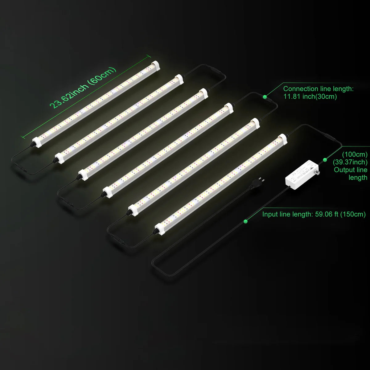 LED Tube Grow Light - 6Pcs | 65W Dimmable Power Supply | 3000K + 5000K + 660nm + 460nm Spectrum | Daisy Chain | Selectable Mounting Brackets | 60cm(2ft) Full Spectrum for Indoor Plants | for Greenhouses Plants | US /  EU Plug