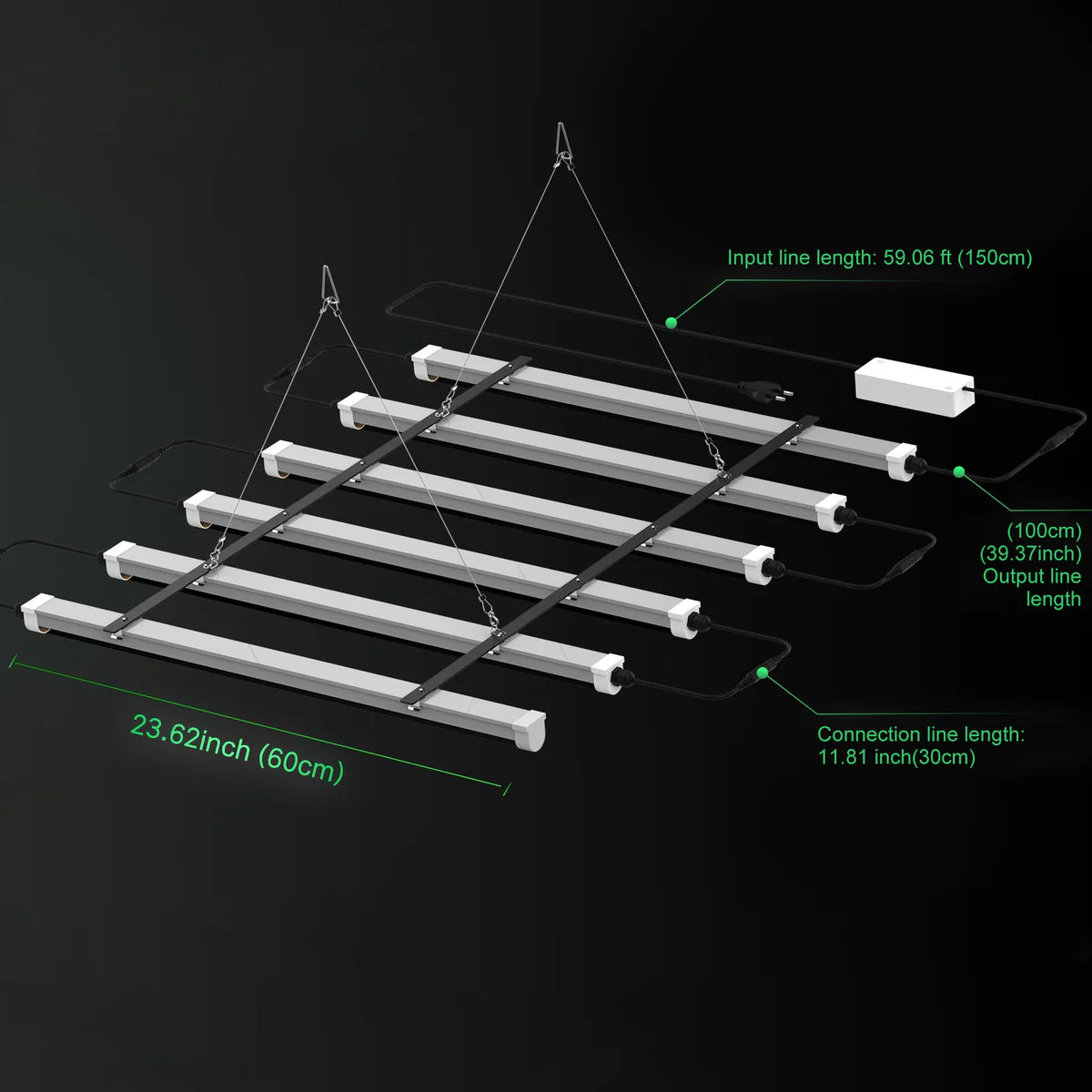 LED Tube Grow Light - 6Pcs | 65W Dimmable Power Supply | 3000K + 5000K + 660nm + 460nm Spectrum | Daisy Chain | Selectable Mounting Brackets | 60cm(2ft) Full Spectrum for Indoor Plants | for Greenhouses Plants | US /  EU Plug