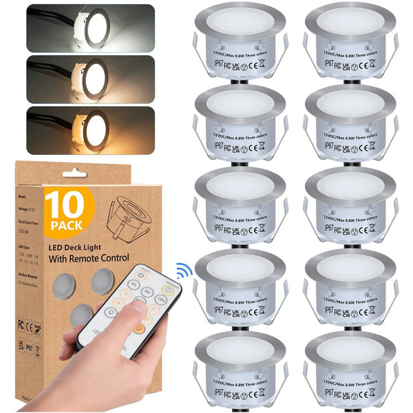 10-Pack Recessed LED Deck Lights – 3CCT Selectable 3000K / 4000K / 6000K | 0.8W Each | Remote Control Color Temperature Switching | AC100–265V Input with Power Adapter | US / EU / UK / AU Plug Options | IP67 Waterproof Inground Step Lights Kit