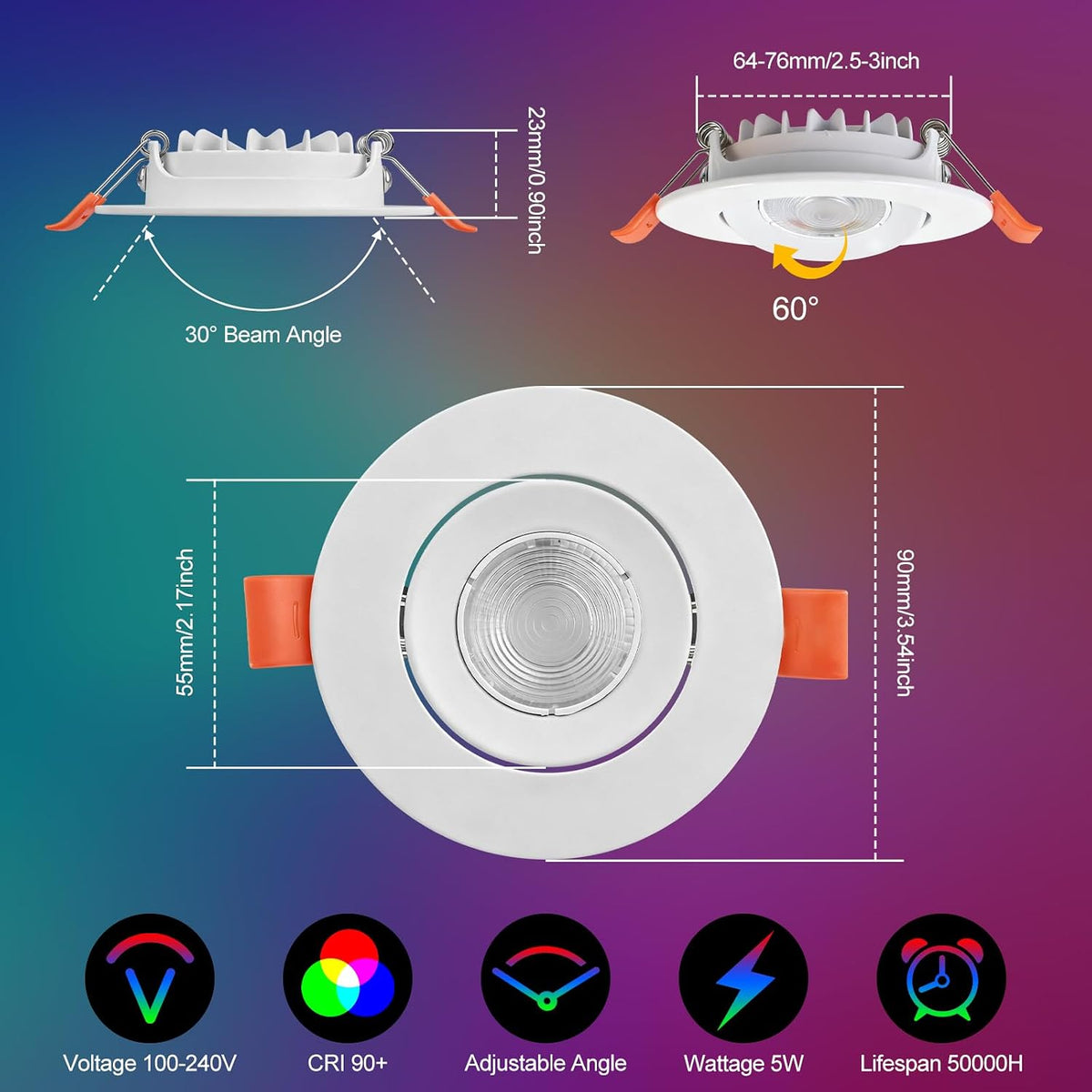3Inch 5W Smart LED Recessed Downlight, Ultra-Thin 60° Adjustable, WiFi Control, Dimmable RGB & CCT 2700-6500K, 85–240V, White Housing, Compatible with Alexa and Google Home, 4-Pack, Artwork Display Accent Lighting