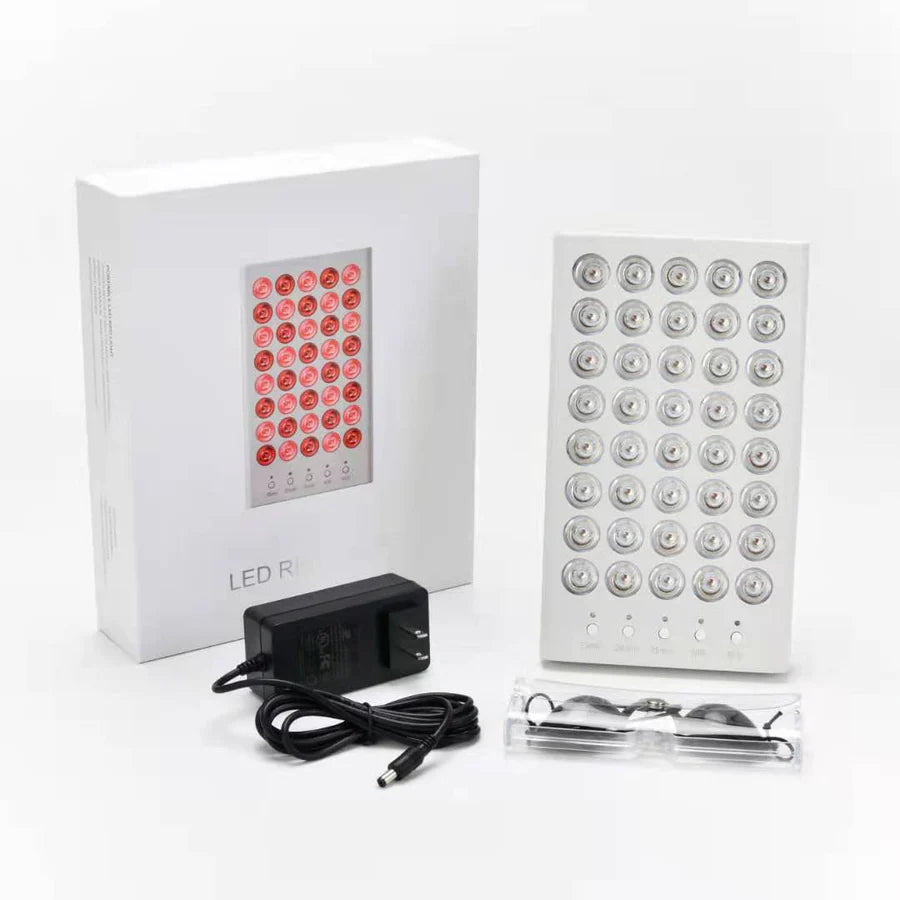 50W Desktop Infrared Therapy Lamp – 40 LEDs | Button / Touch Control | Red Light 660nm & IR 850nm | Dimmable Timer | AC100–240V | Desktop Stand Design | for Skin Care | Hanging Rope & Goggles Included | US / EU / UK / AU Plug
