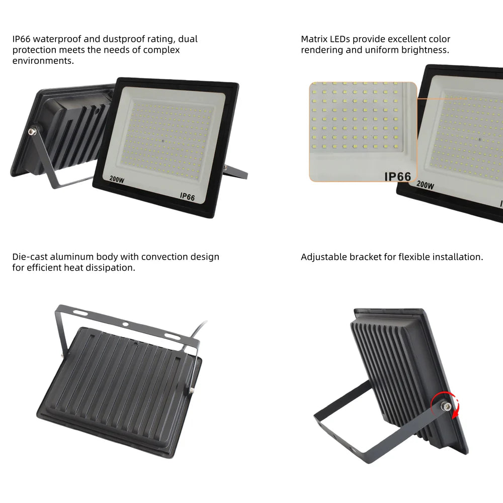 LightingWill FL-E Series LED Flood Light Outdoor 10W-300W IP66 SMD2835 Security Floodlight 90-100LM/W Aluminum Black Housing Hardwired Warm White Cool White 2/10-Pack