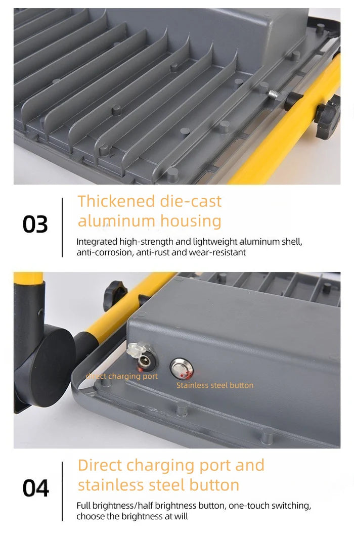 LightingWill FL-R Series Rechargeable LED Flood Light 100W-400W Portable Work Light IP65 Cool White Lithium Battery Remote Control Camping Emergency Yellow Frame 2/10-Pack
