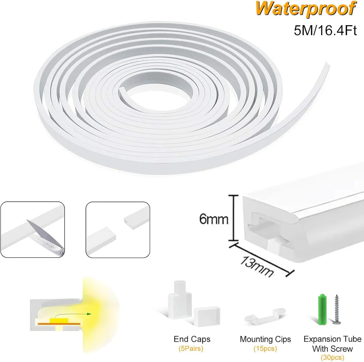 S0613 Side Edge Lighting Neon Light Housing – 6x13mm | Silicone LED Channel System | 8mm PCB Width | IP67 Waterproof | 16.4FT/5M*1/16.4FT/5M*5 | Local Stock US/UK/DE