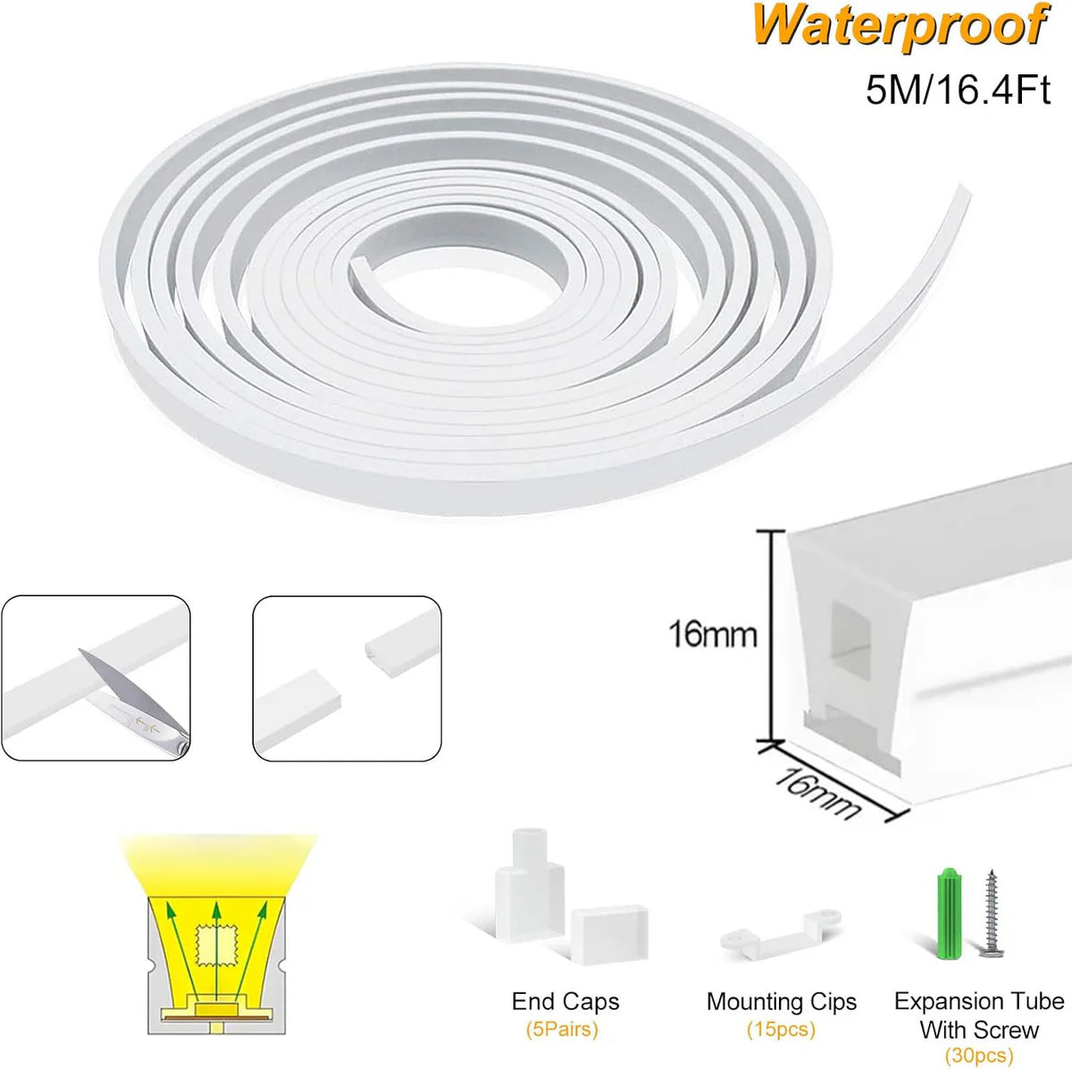 S1616 Neon Light Housing – 16x16mm | Silicone LED Channel System | 12mm PCB Width | IP67 Waterproof |16.4FT/5M*1/16.4FT/5M*5 | Local Stock US/UK/DE