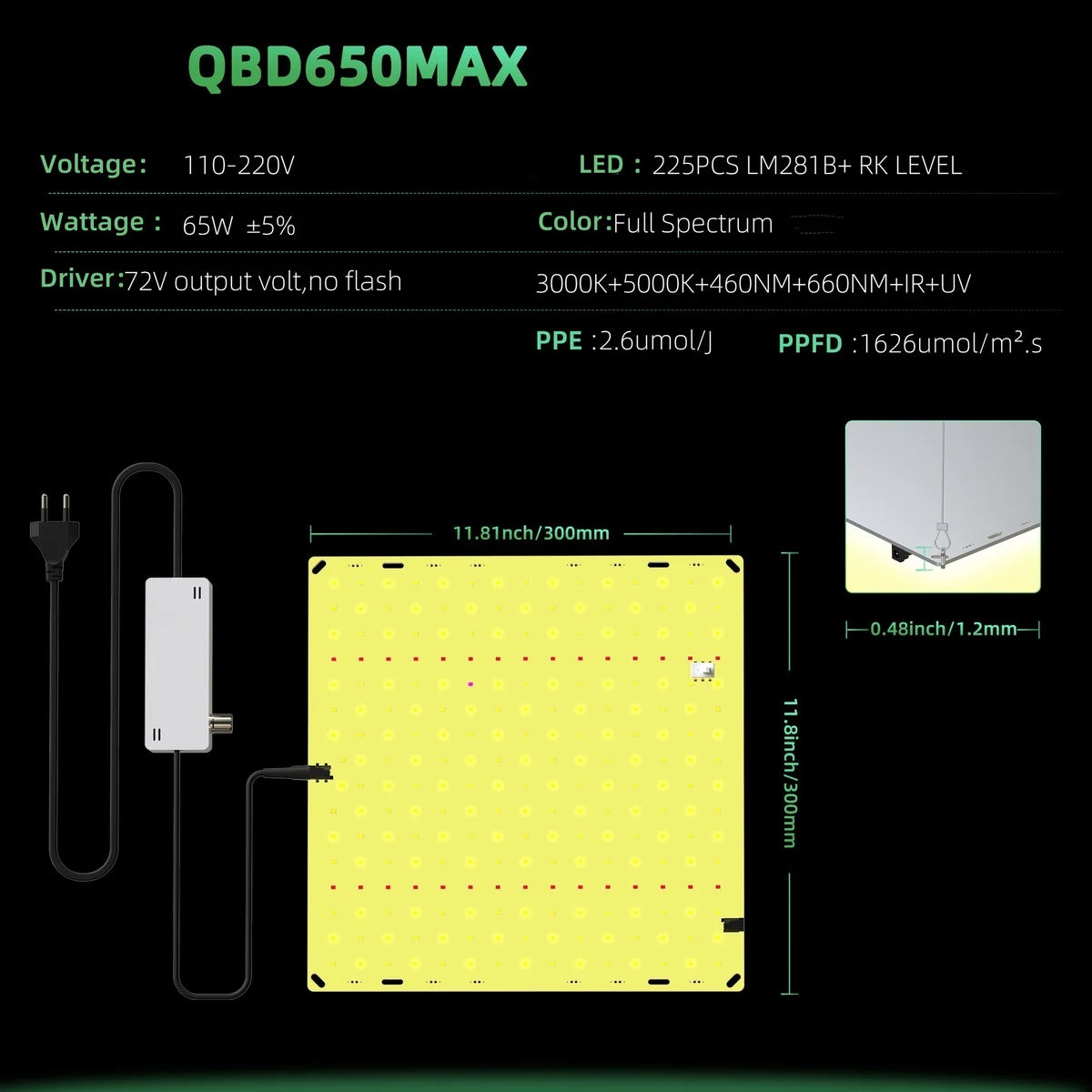 Ultra-Thin Quantum Board LED Grow Light - AC110 -220V | 65W / 85W / 120W / 150W | Full Spectrum | 0-10V Dimming | Included Hanging Rope, Dimmable Driver| Plant Grow Light for Seedling, Veg & Bloom | US / EU / UK / AU Plug