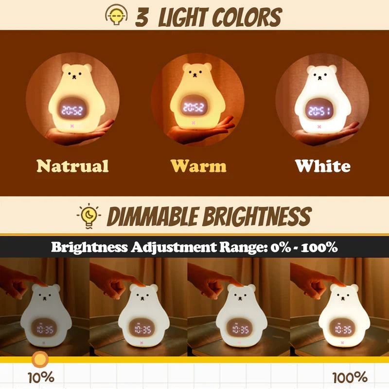 LightingWill Silicone Alarm Clock LED Night Light Rechargeable Baby Nursery Lamp Timer 3 Color Touch RGB Remote Control Sleep Light for Baby Kids Bedroom