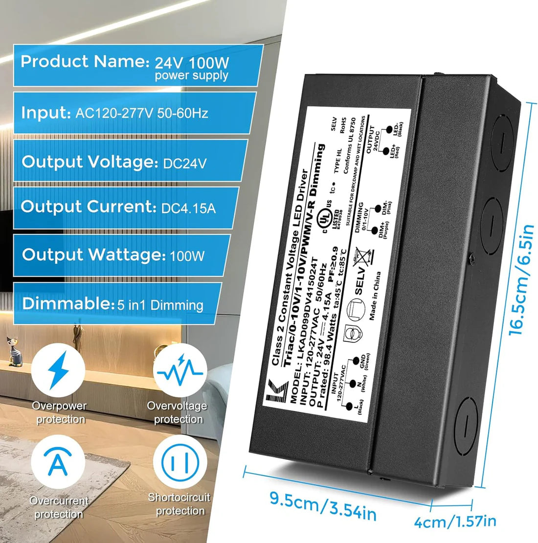 100W 24V DC Steel Case Triac Dimmable LED Driver, UL Listed, AC 120-277V Input, LED Driver for LED Strip Lighting / Under Cabinet Lighting / Home Ambient Lighting