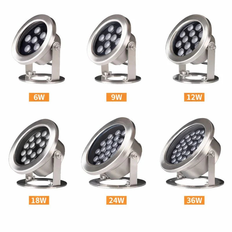 6W / 9W / 12W / 18W / 24W  LED Underwater Spotlight – DC 12V / 24V Low Voltage | 6W / 9W / 12W / 18W / 24W | Adjustable Stainless Steel Submersible Light | IP68 Waterproof | RGB & Single Color Options for Pool, Fountain & Landscape Lighting ｜4 / 10Pack