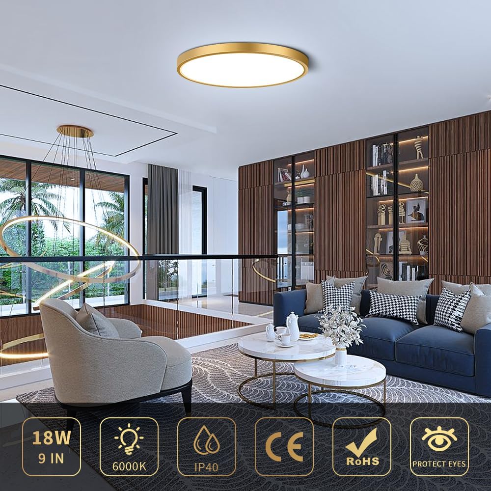 9 Inch 18W White / Gold  Round Ceiling Light – AC 110–130V | 3000K / 4500K / 5000K / 6500K | Flush Mount Ceiling Light for Modern Home Lighting | 1-Pack – Local Stock (US)
