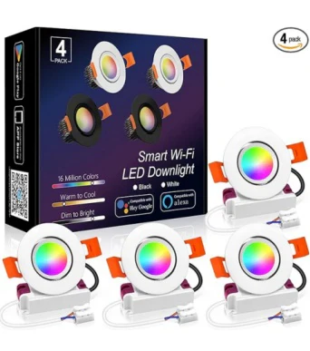 Smart RGB Downlight – COB WiFi Recessed Lighting, 2 Inch 5W, Dimmable RGB + CCT 2700–6500K, Works with Alexa & Google, 100–240V, White Housing, 4 / 6 / 10 / 12 Pack Options
