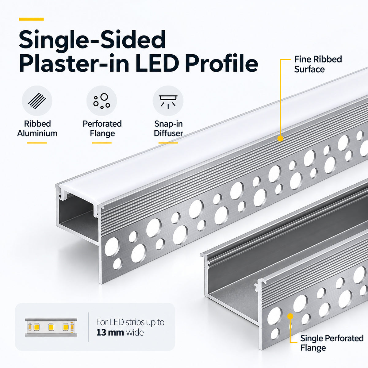 Silver XT-1118 One-Sided LED Aluminum Channel for Plaster-In Drywall, Fits LED Strips Up to 12mm Wide, with Milky White Diffuser