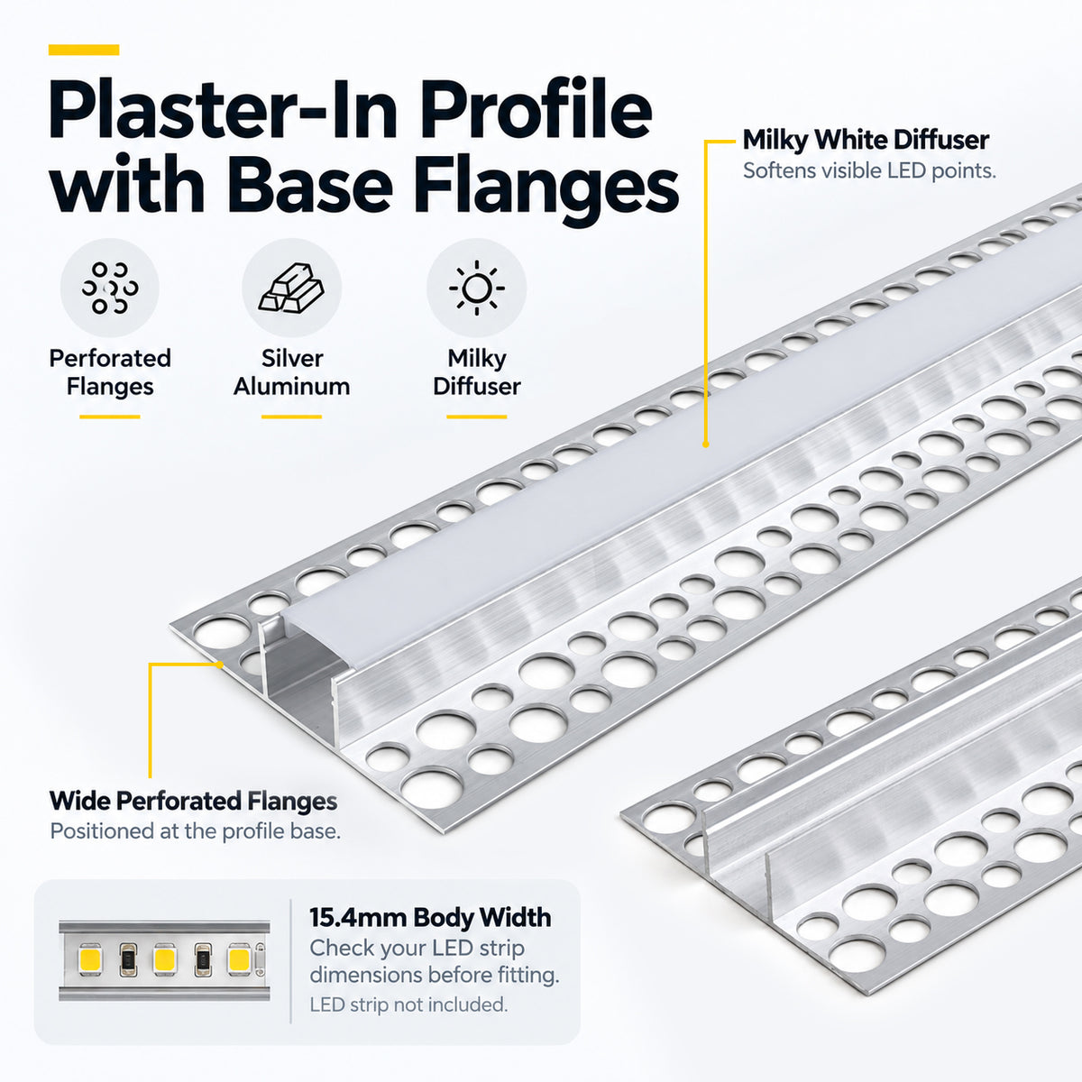 Silver XT-928 Double-Sided LED Aluminum Channel for Plaster-In Drywall, Fits LED Strips Up to 13mm Wide, with Milky White Diffuser