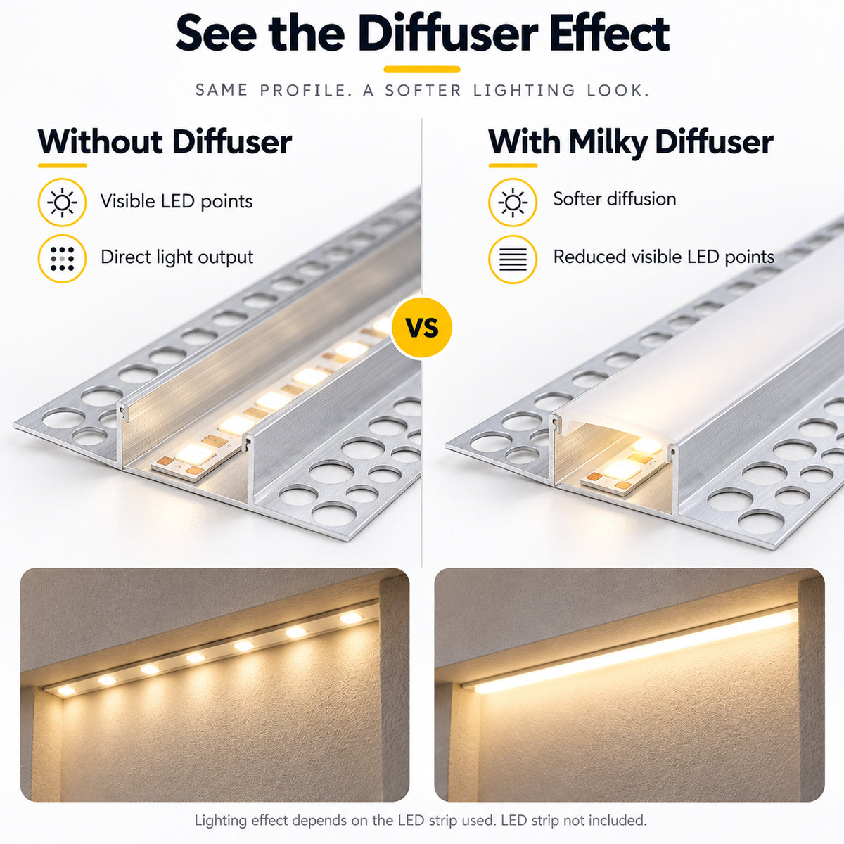 Silver XT-928 Double-Sided LED Aluminum Channel for Plaster-In Drywall, Fits LED Strips Up to 13mm Wide, with Milky White Diffuser