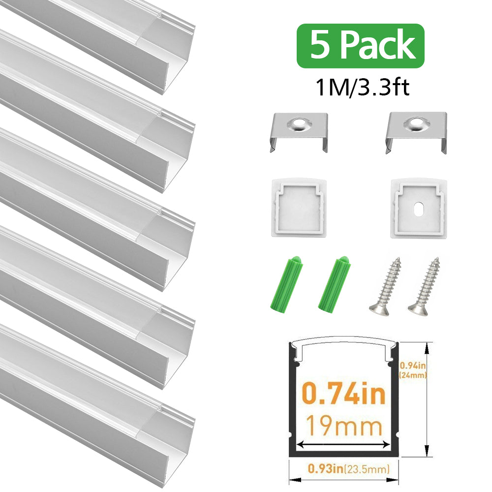Sliver U06 24x24mm Silver U Shape LED Aluminum Channel Internal width 20mm with White Diffuser Cover, End Caps and Mounting Clips for LED Strip Light Spot Free Installations