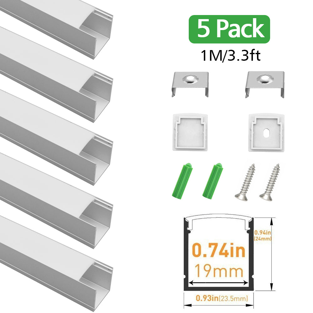 Sliver U06 24x24mm Silver U Shape LED Aluminum Channel Internal width 20mm with White Diffuser Cover, End Caps and Mounting Clips for LED Strip Light Spot Free Installations