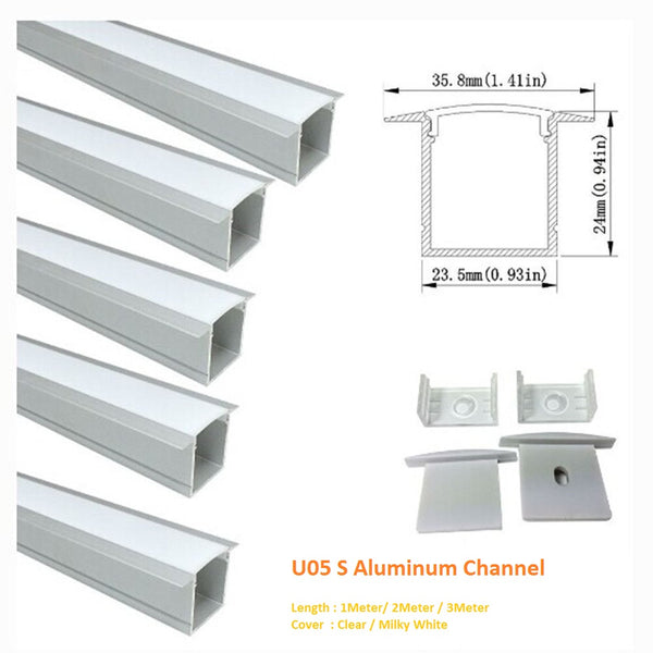 Silber U05 36 x 24 mm U-Form Innenbreite 20 mm LED-Aluminium-Kanalsystem mit Abdeckung, Endkappen und Befestigungsklammern Aluminiumprofil für LED-Lichtstreifen ohne Punktinstallationen