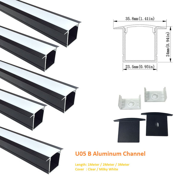 Schwarzes U05 36 x 24 mm U-förmiges Innenmaß 20 mm LED-Aluminium-Kanalsystem mit Abdeckung, Endkappen und Befestigungsklammern Aluminiumprofil für LED-Lichtstreifen ohne Fleckeninstallationen